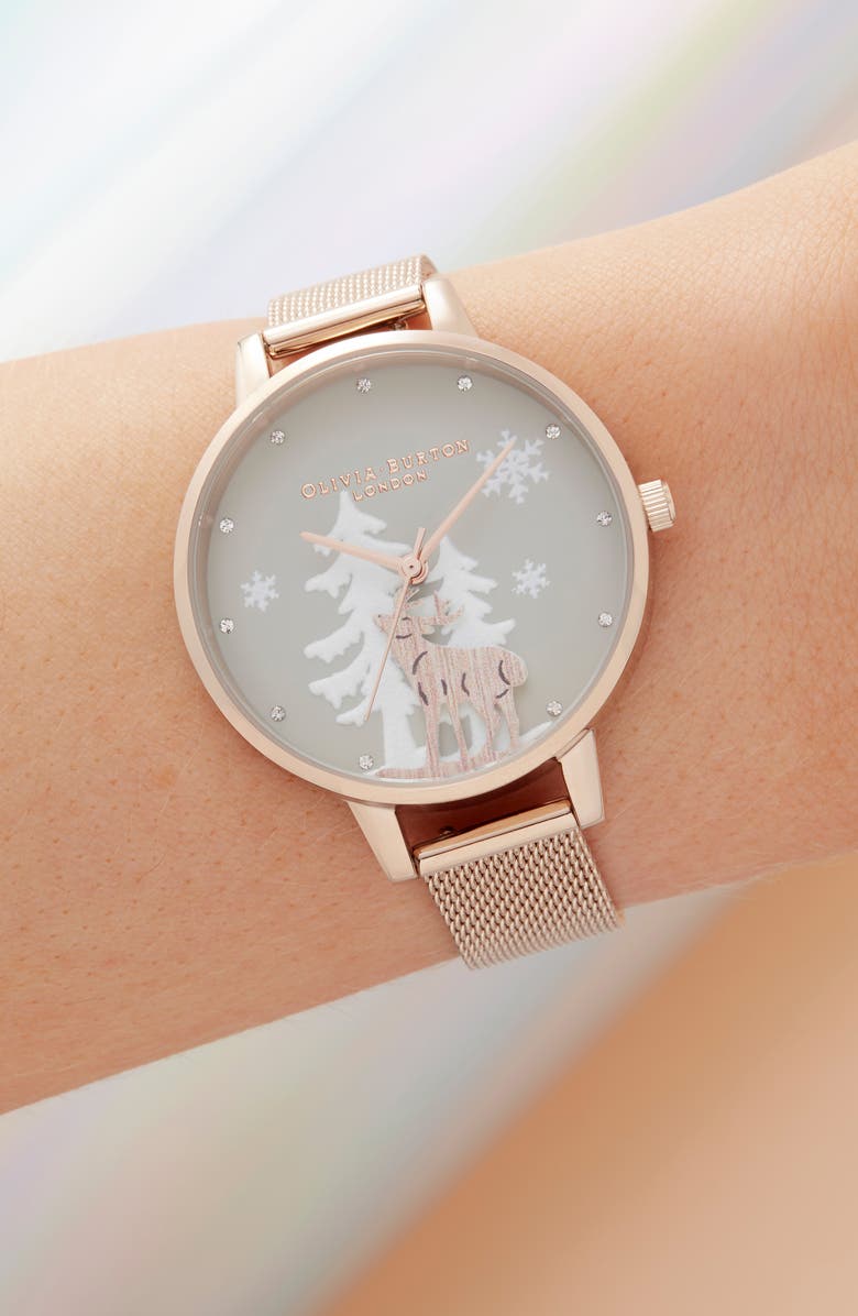 Olivia Burton Winter Wonderland Mesh Strap Watch, 30mm, Alternate, color,