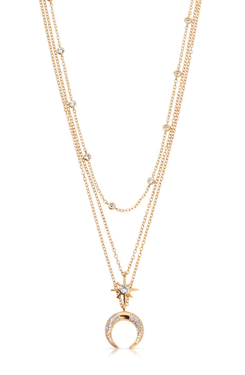 Ettika Crystal Horn Triple Chain Necklace, Alternate, color, Gold