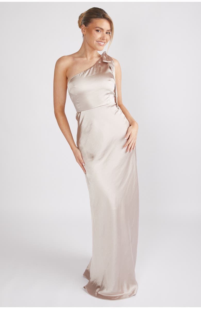 Six Stories Bow One Shoulder Satin Bridesmaid Dress, Main, color, Oyster