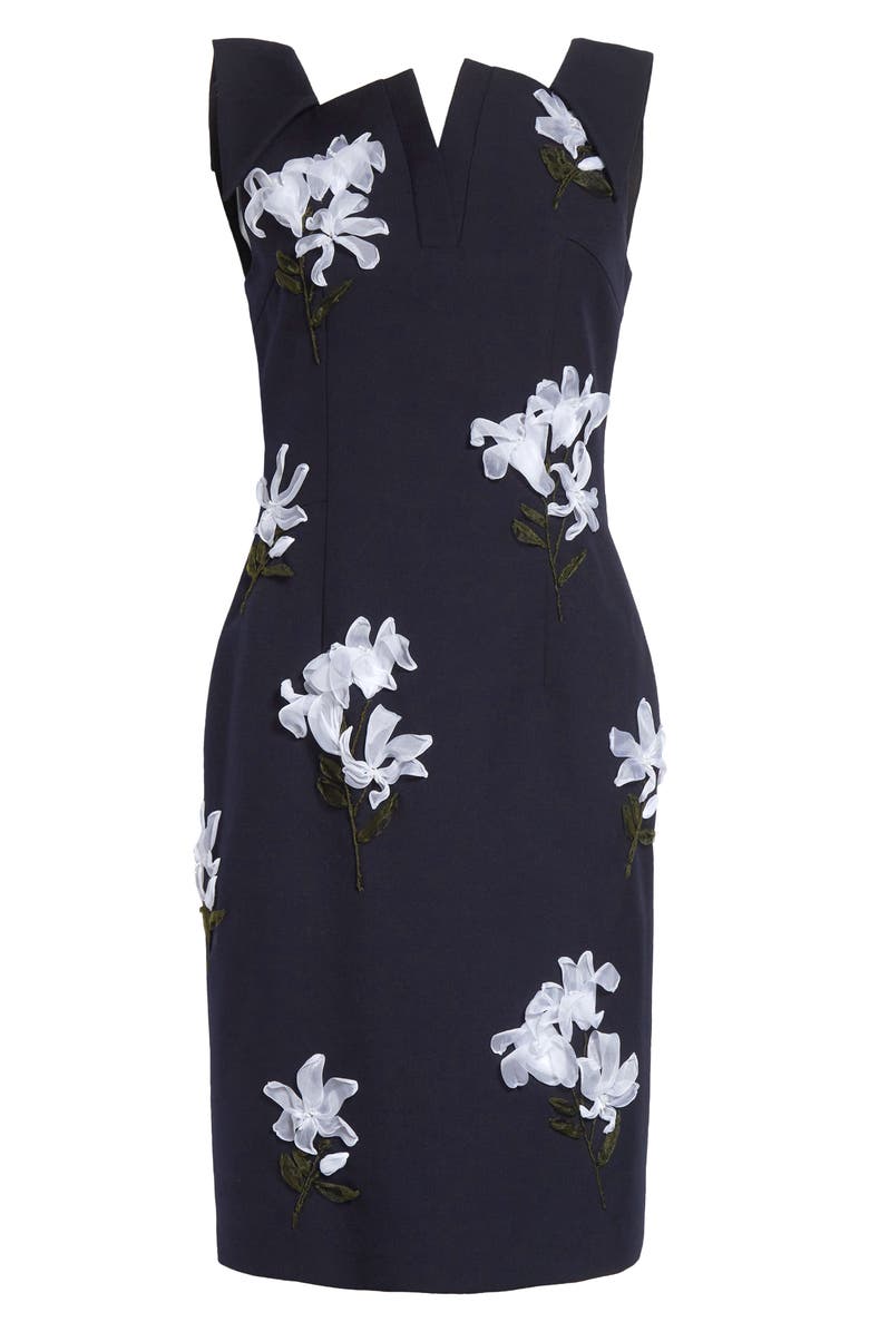 Waist Cinching Floral Appliqué Wool & Silk Sheath Dress