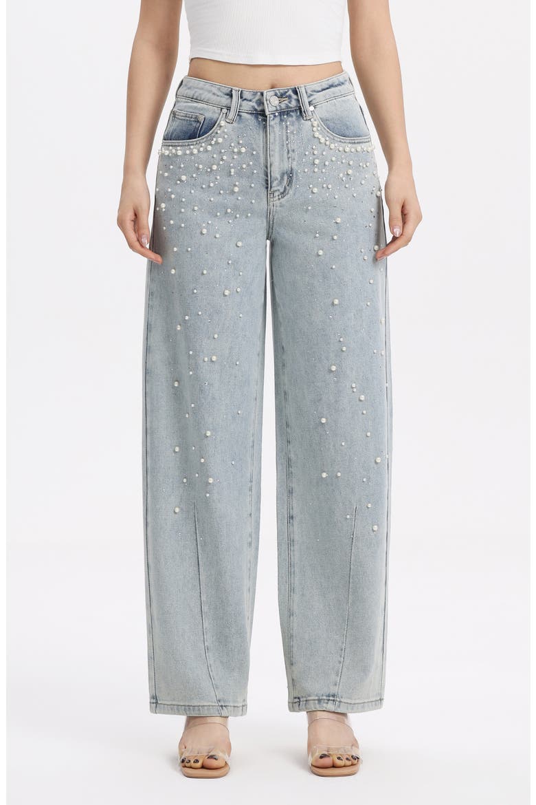 Embellished High Waist Barrel Jeans, Main, color, GLACIER