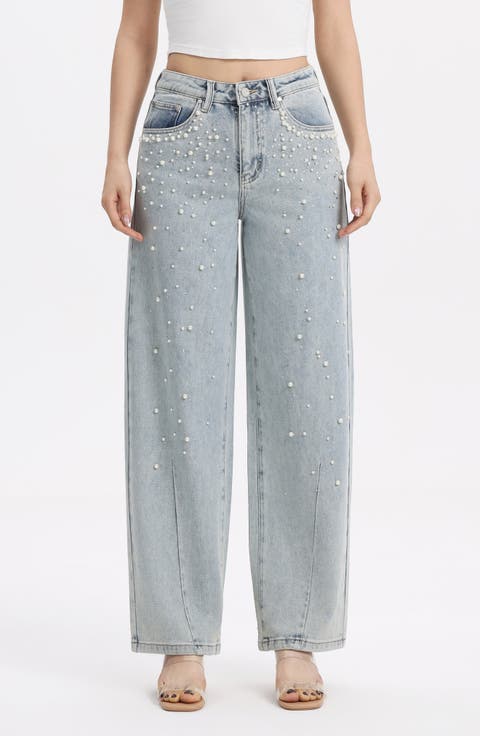 Embellished High Waist Barrel Jeans (Glacier)
