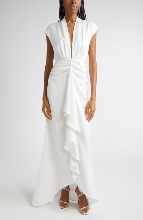 Catrin Plunge Neck Center Ruched Satin Gown