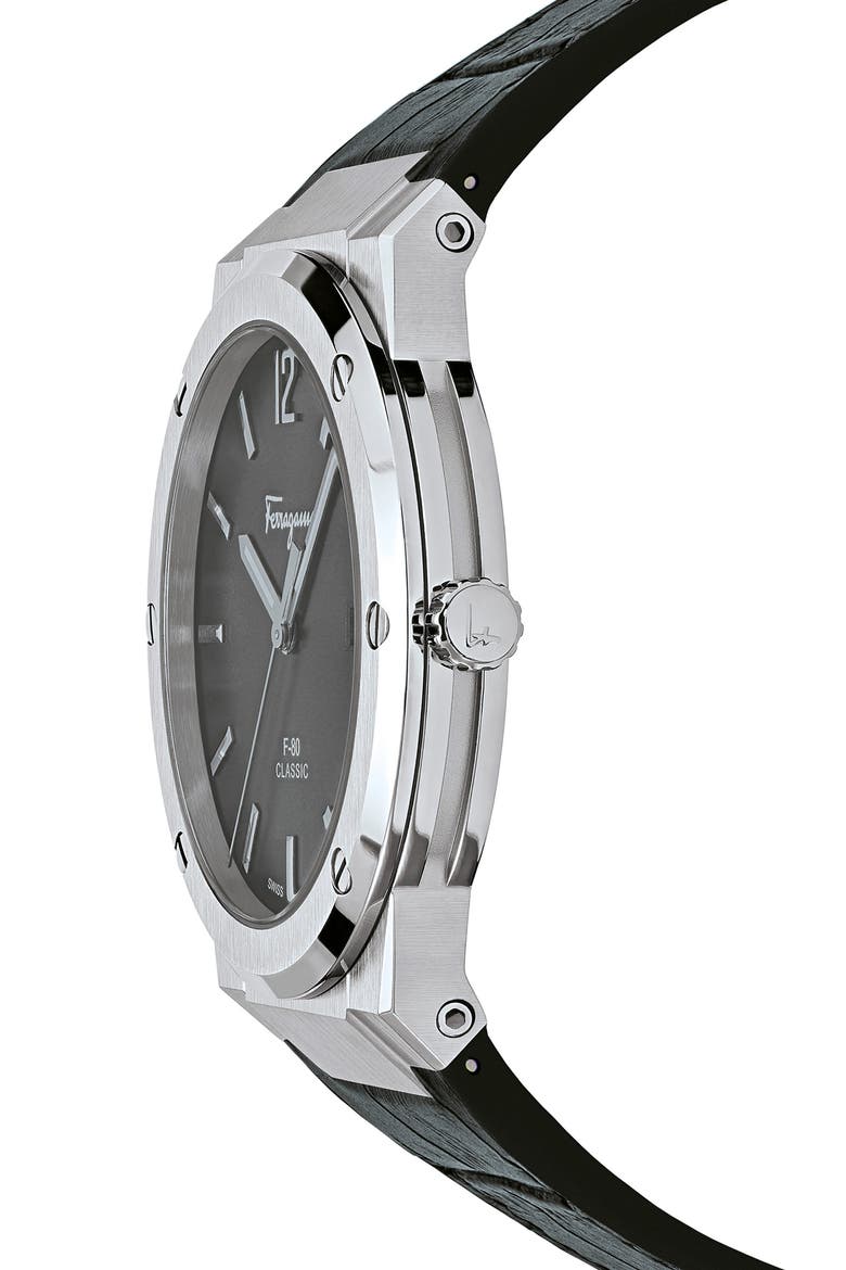 Salvatore Ferragamo F-80 Croc Embossed Leather Strap Watch, 41mm, Alternate, color, BLACK/ SILVER