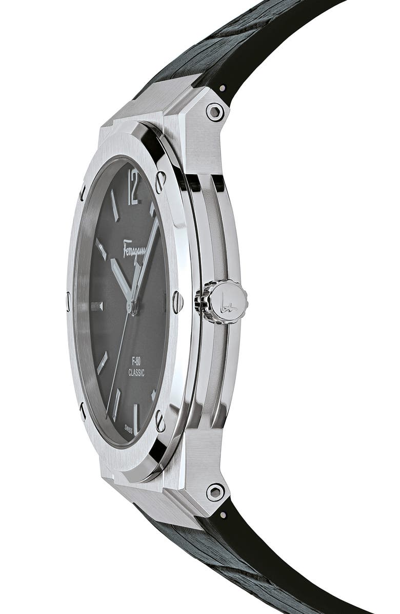 FERRAGAMO Salvatore Ferragamo F-80 Croc Embossed Leather Strap Watch, 41mm, Alternate, color,