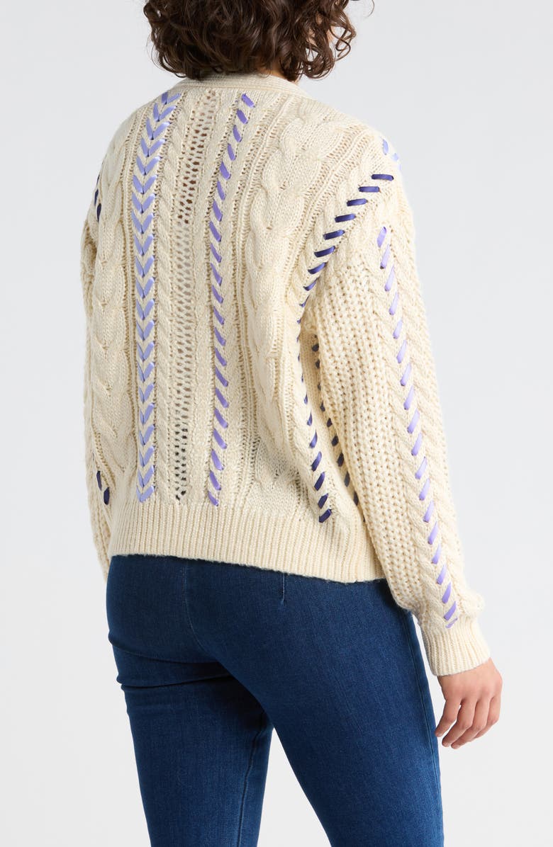 Cinq à Sept Nyla Marled Ribbon Accent Cardigan, Alternate, color, Ivory/ Blue