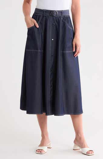 Topstitched Belted Chambray Skirt