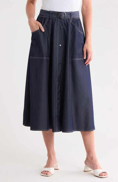 Topstitched Belted Chambray Skirt