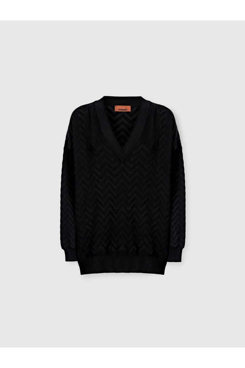 V-neck Pullover In Cotton And Viscose Chevron, Main, color, Black