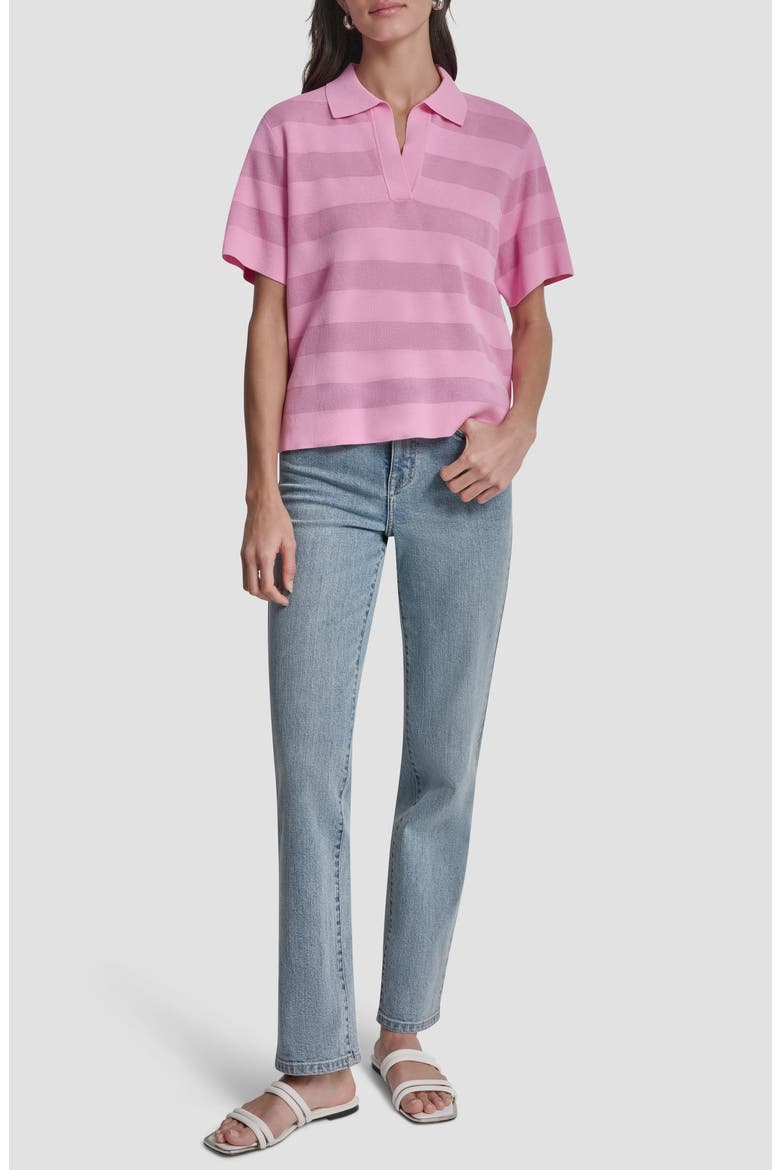 Sheer Stripe Polo, Alternate, color, BRIGHT PEONY