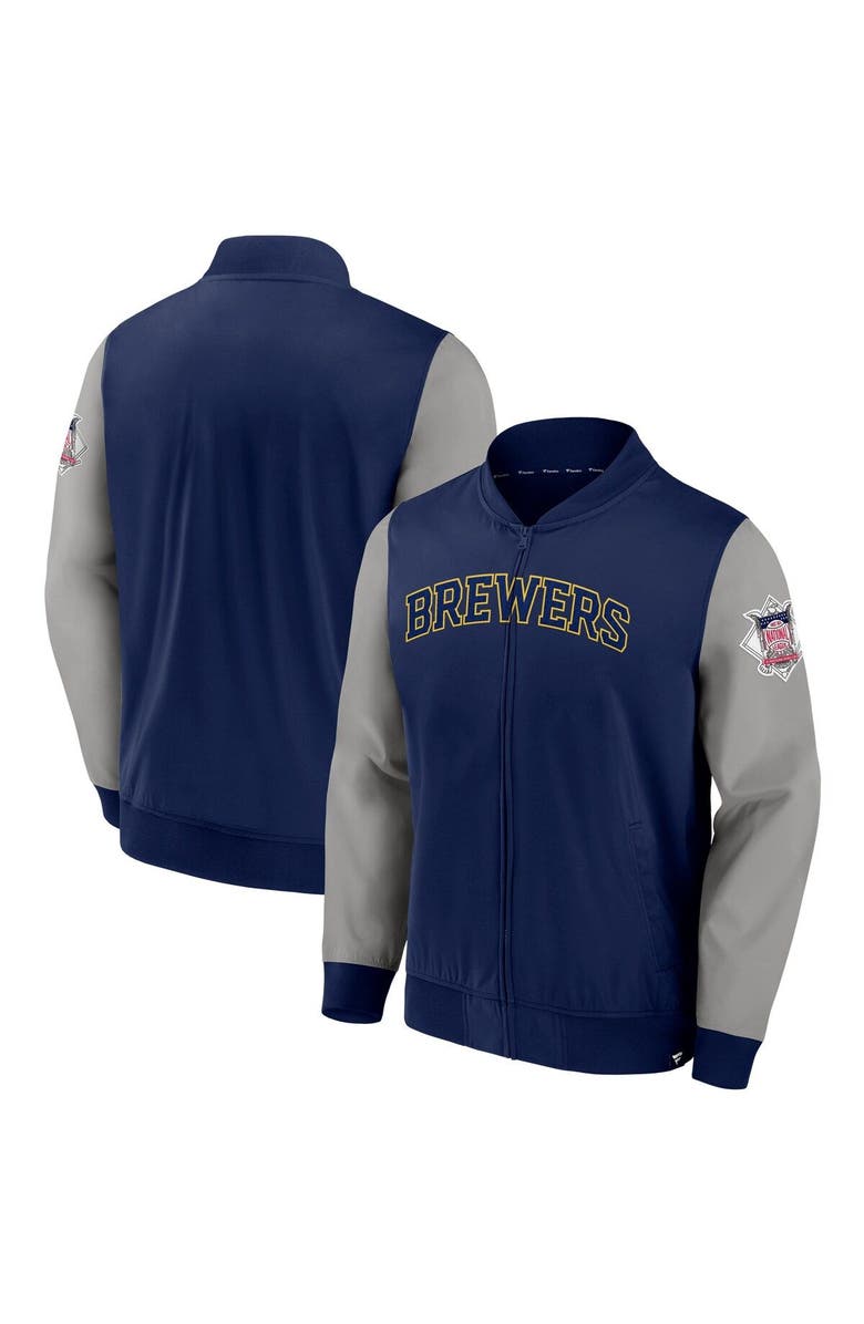 FANATICS Men's Fanatics Branded Navy/Gray Milwaukee Brewers Iconic Record Holder Full-Zip Lightweight Windbreaker Bomber Jacket, Main, color, 