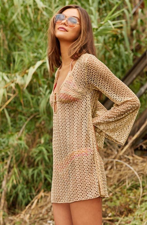 Becca Metallic Long Sleeve Sheer Cover-up Dress In Brown