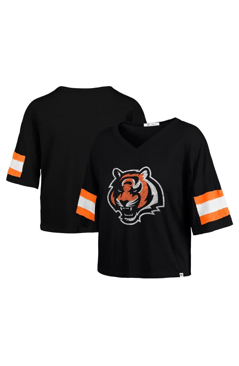 '47 Women's '47 Black Cincinnati Bengals Double Header Scout Cropped V-Neck T-Shirt, Main, color, Black