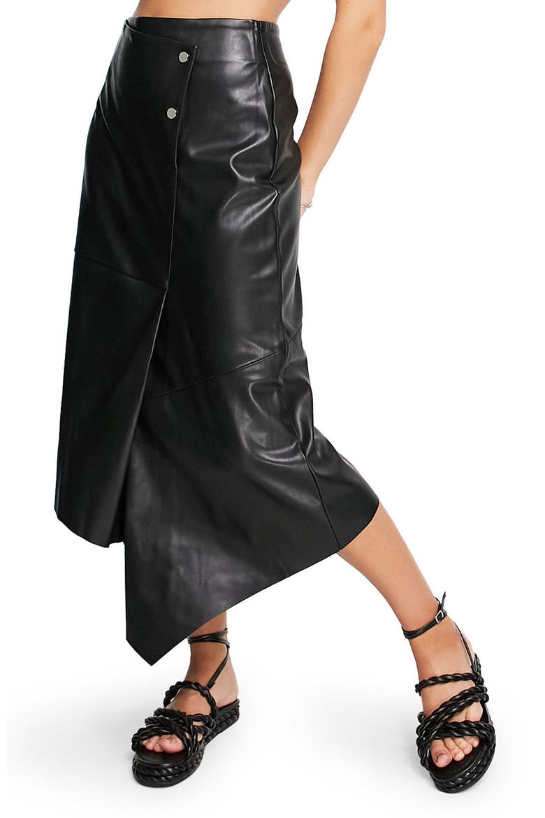 Wrap Over Faux Leather Midi Skirt, Alternate, color, BLACK