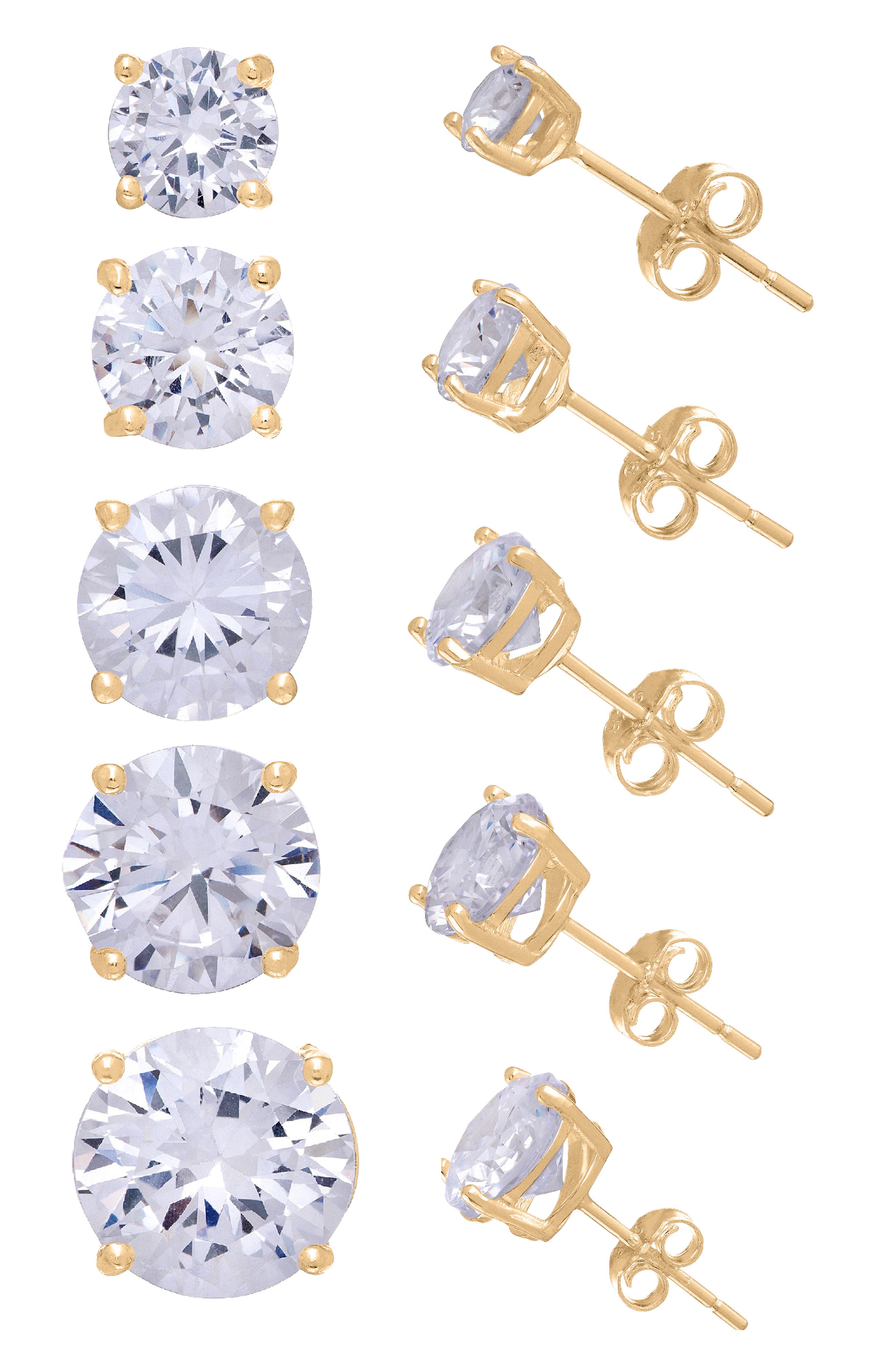 FZN Set of 5 14K Gold Over Sterling Silver Cubic Zirconia Stud Earrings