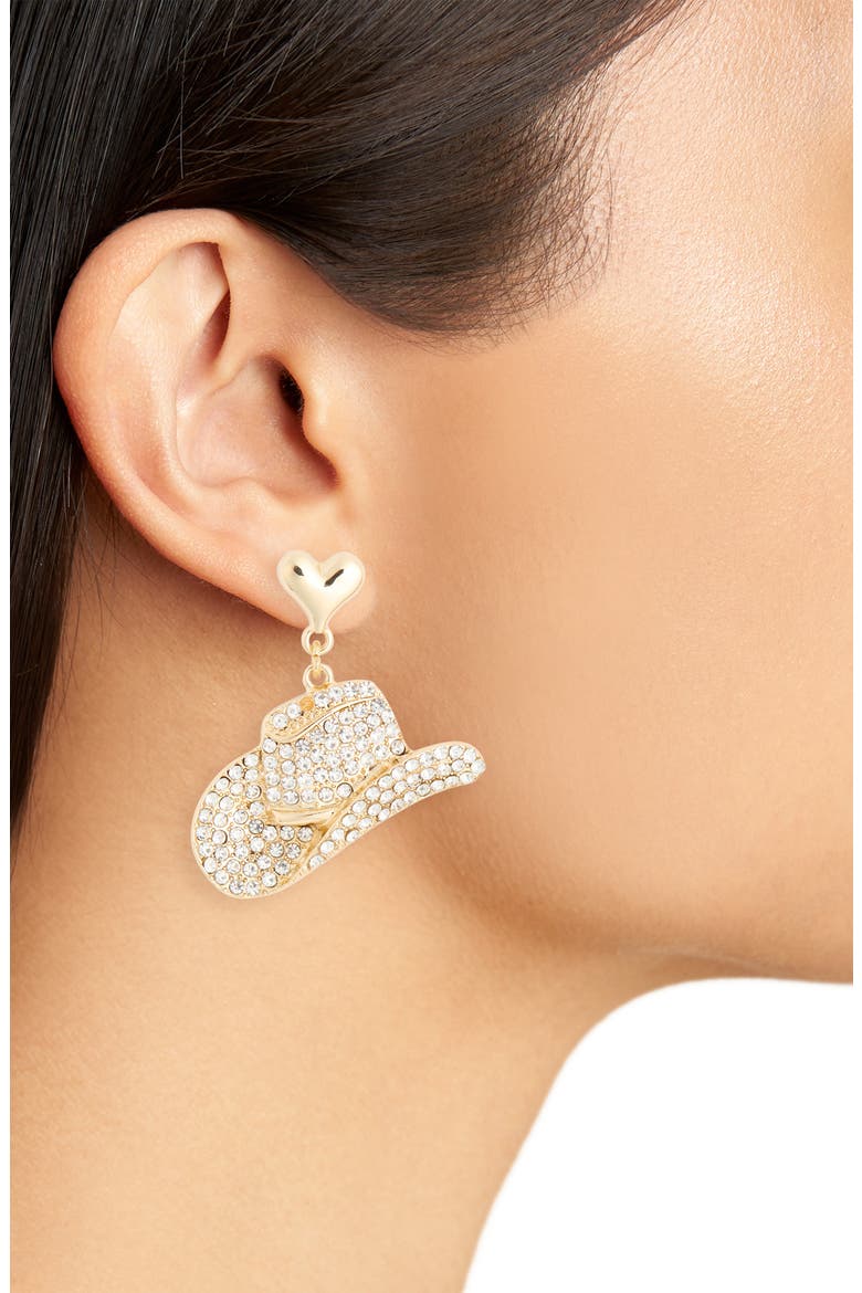 Cowboy Crystal Pavé Hat Drop Earrings, Alternate, color, CLEAR- GOLD