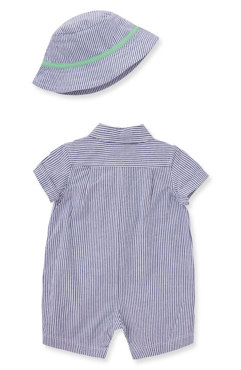 Little Me Stripe Embroidered Cotton Romper & Hat Set, Alternate, color, 