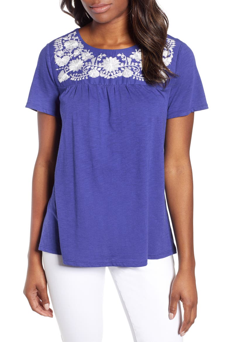 Gibson x Hi Sugarplum! Savannah Embroidered Yoke Tee (Nordstrom Exclusive), Main, color, SANTORINI BLUE WHITE