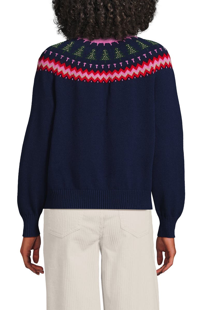 Lands' End Drifter Lurex Ruffle Neck Jacquard Cardigan Sweater, Alternate, color, Christmas Trees/Navy