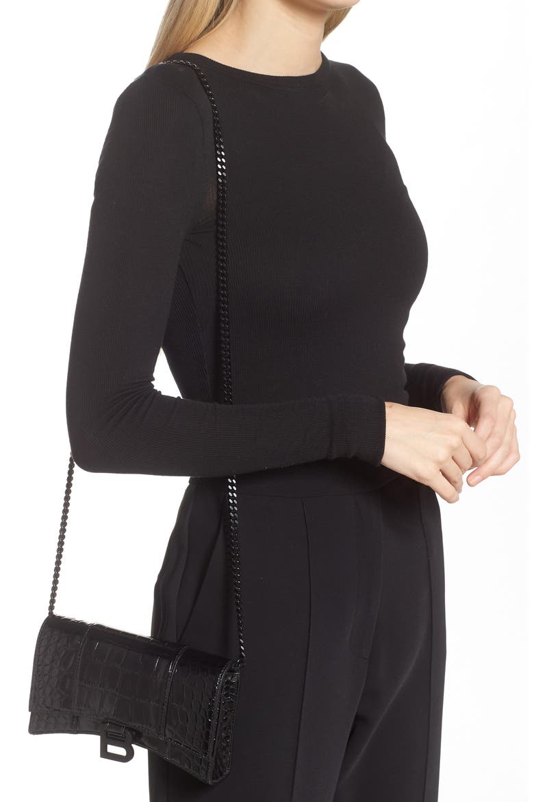 Hourglass Croc Embossed Leather Wallet on a Chain, Alternate, color, BLACK