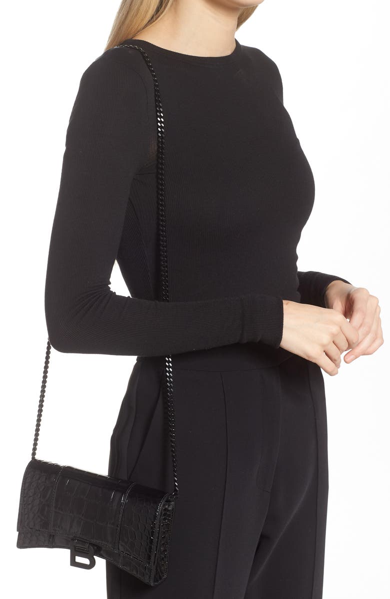 Balenciaga Hourglass Croc Embossed Leather Wallet on a Chain, Alternate, color,