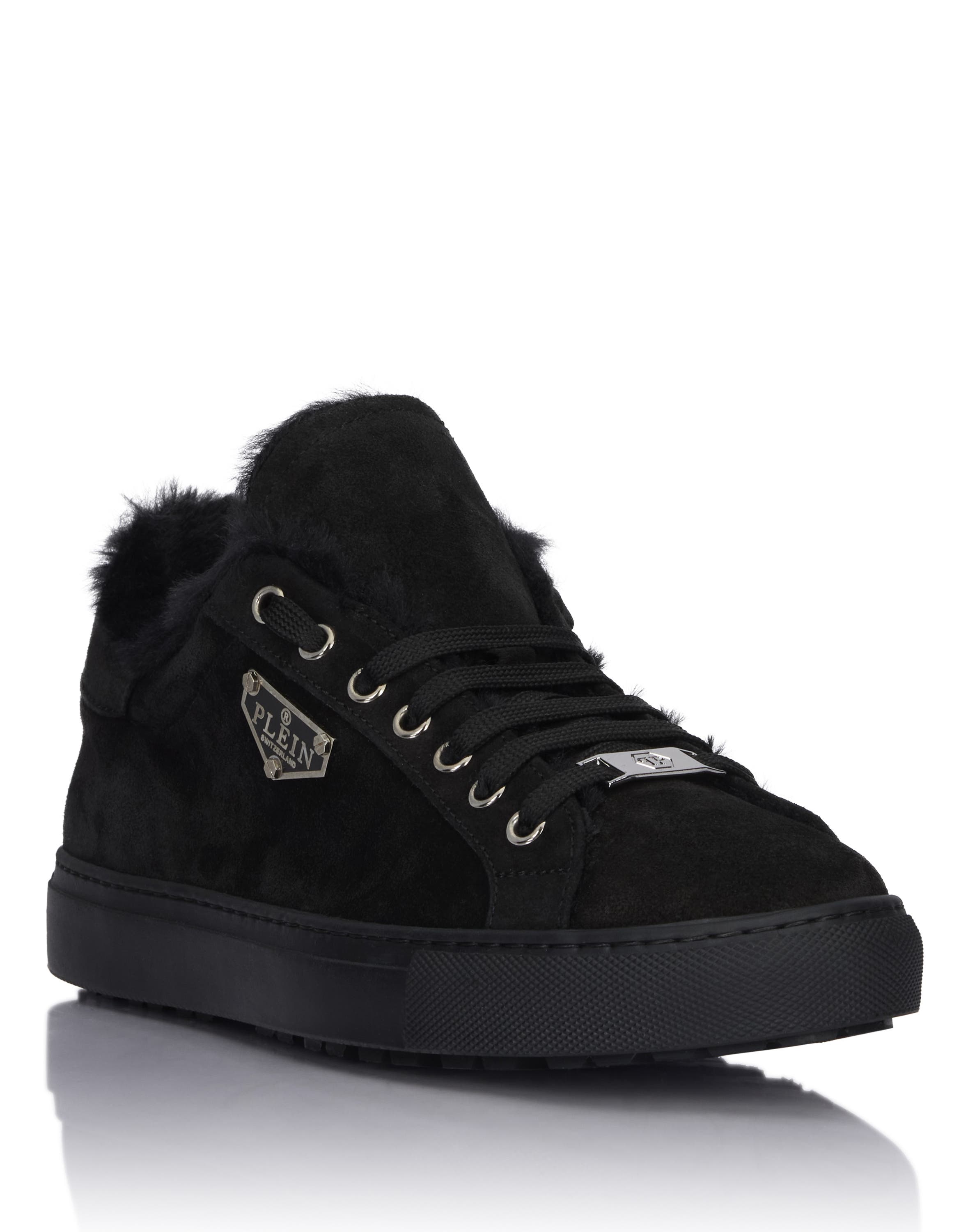 Suede And Sheepskin Low Top Sneakers Men, Main, color, black