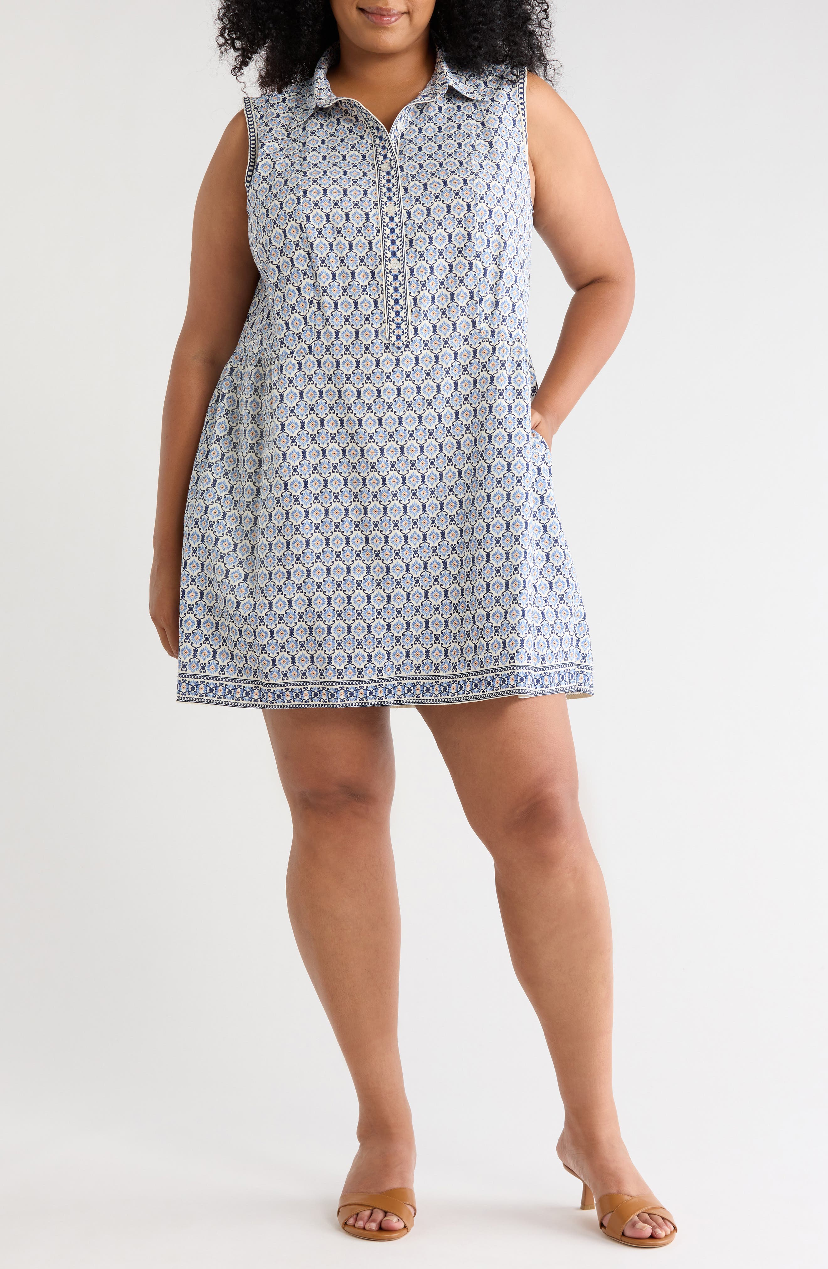 Rosette Tile Print Smocked Waist Shirtdress