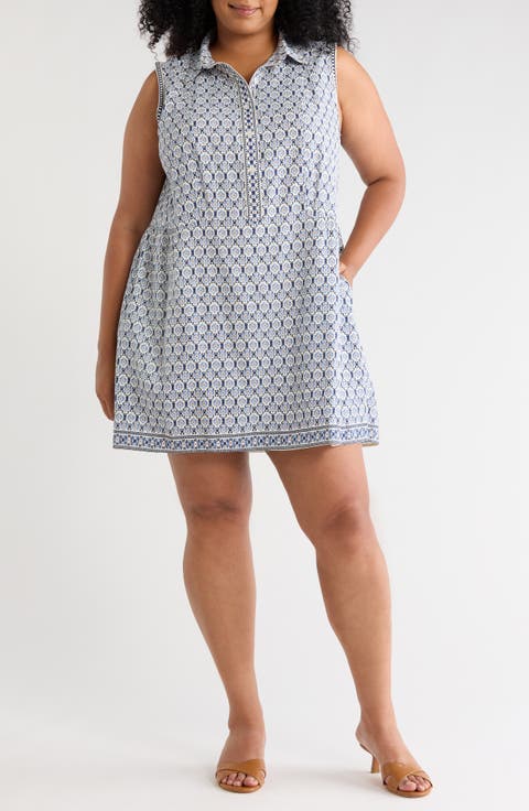 Rosette Tile Print Smocked Waist Shirtdress