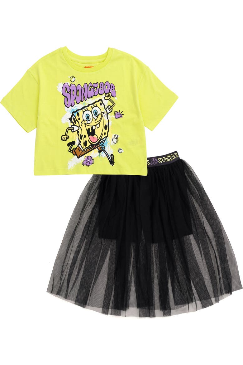 Cropped Tee and Tulle Skort Set, Main, color, SpongeBob Lime Black