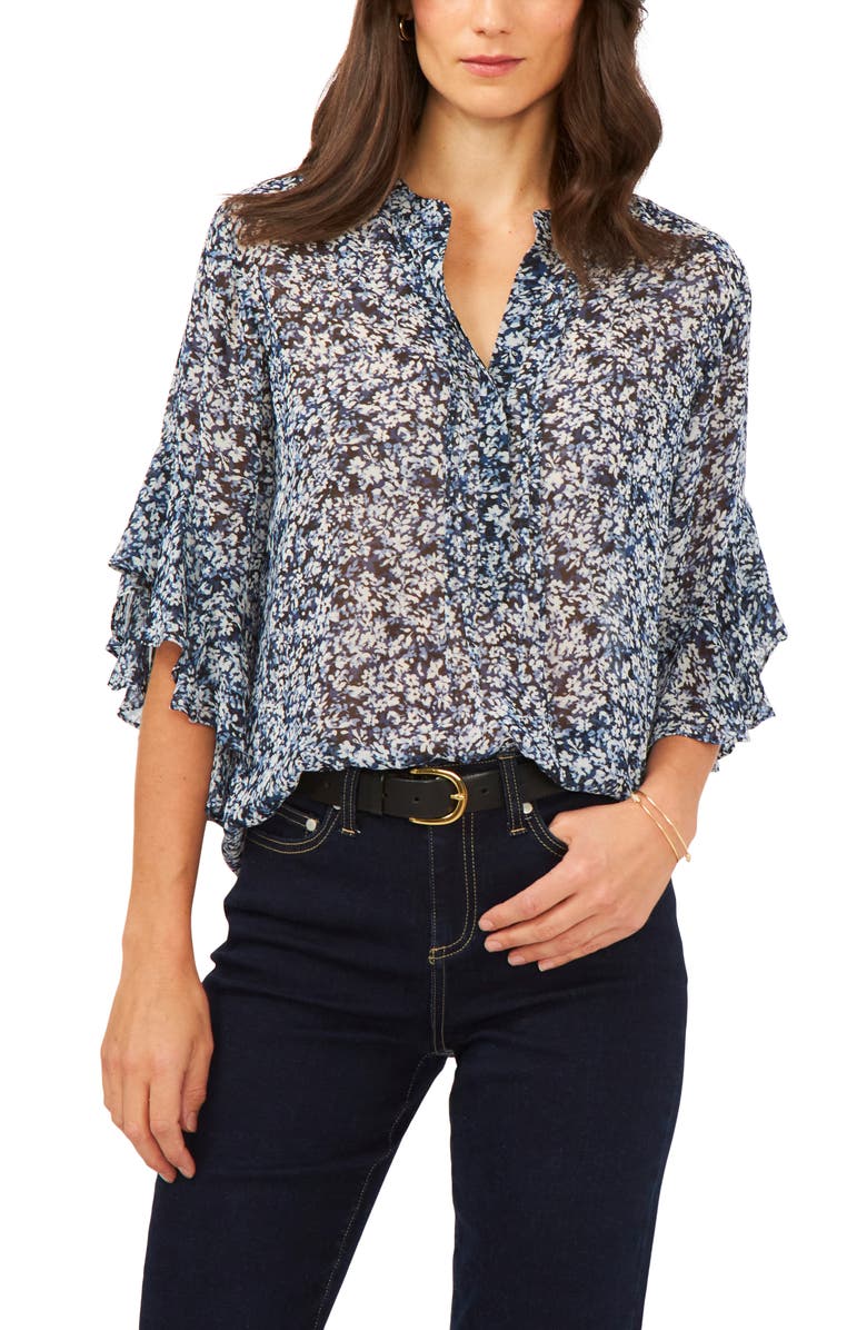 Vince Camuto Floral Print Flutter Sleeve Blouse, Main, color,