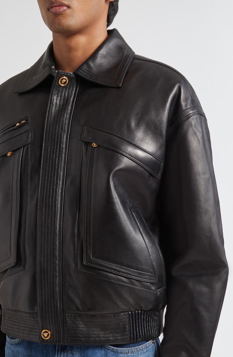 Versace Plongé Leather Blouson Jacket, Alternate, color, Black
