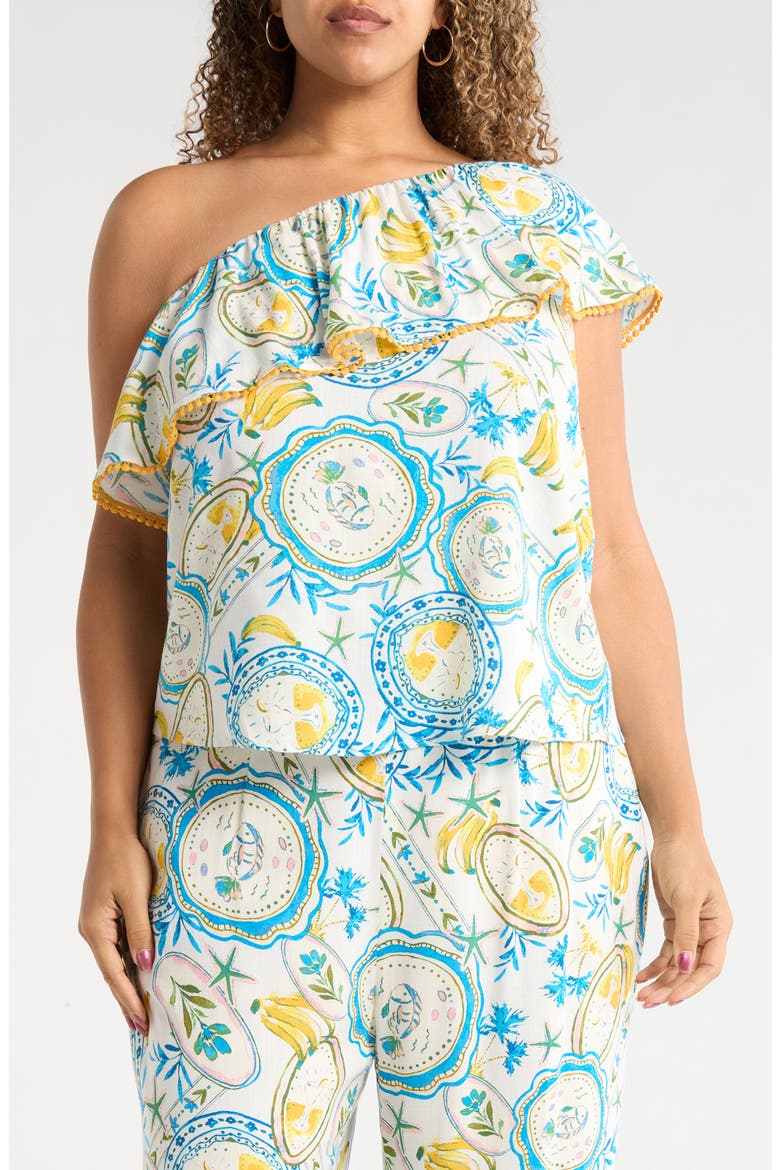 Harvest Island Brinley Ruffle One-Shoulder Top, Main, color, WHITE/ BLUE/ YELLOW