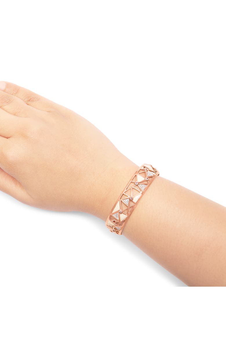 Haus of Brilliance 14K Rose Gold 5/8 Ctw Diamond Pink Tourmaline Open Cuff Bangle with White Enamel, Alternate, color, Pink