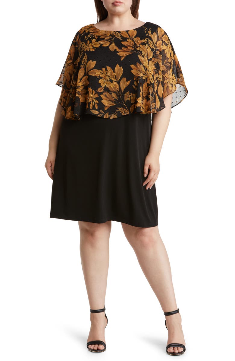 Connected Apparel Floral Cape Overlay Sheath Dress, Main, color, Mustard