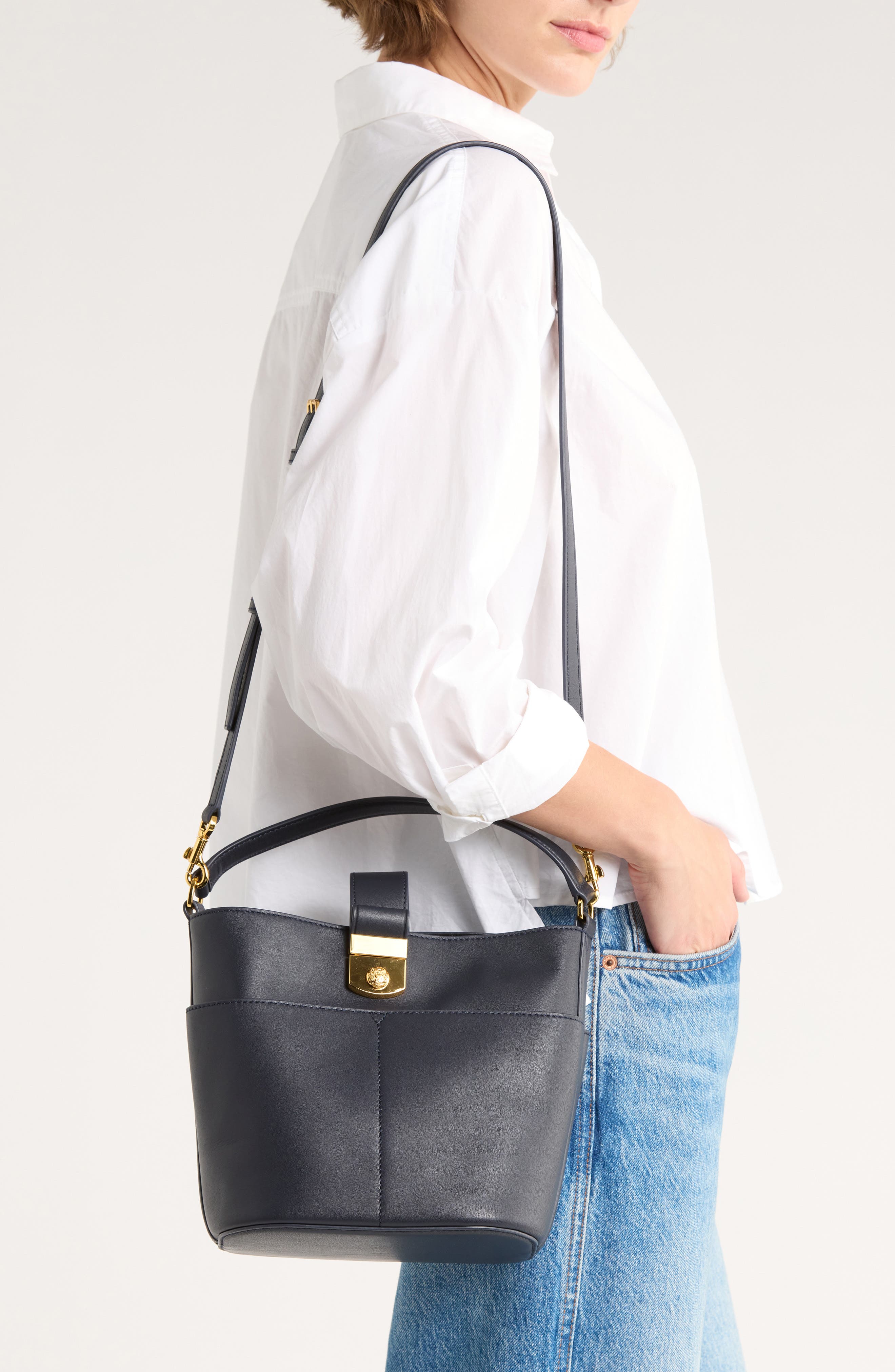 Veronica Beard The Small Crest Lock Leather Bucket Bag, Alternate, color, Navy