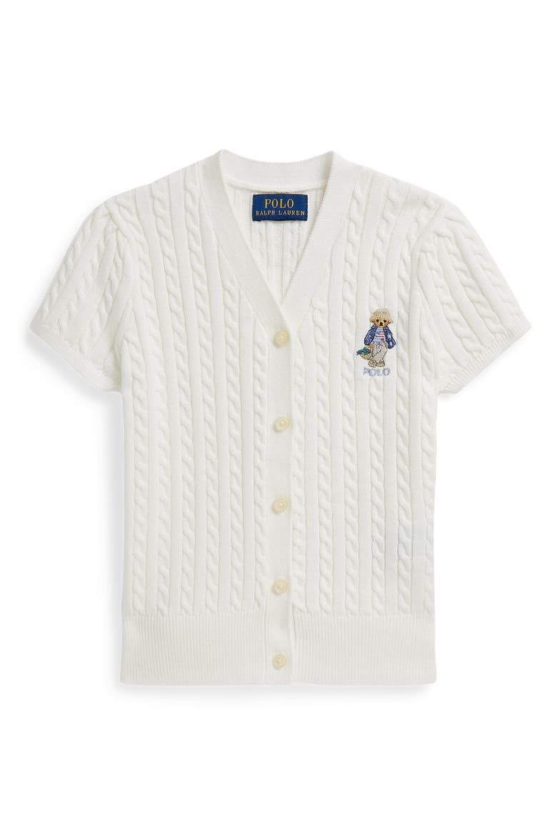 Kids' Embroidered Cable Cotton Short Sleeve Cardigan, Main, color, DECK WASH WHITE