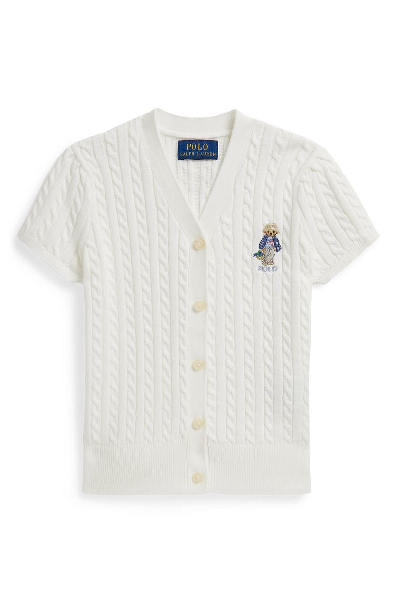Polo Ralph Lauren Kids' Embroidered Cable Cotton Short Sleeve Cardigan, Main, color, Deck Wash White