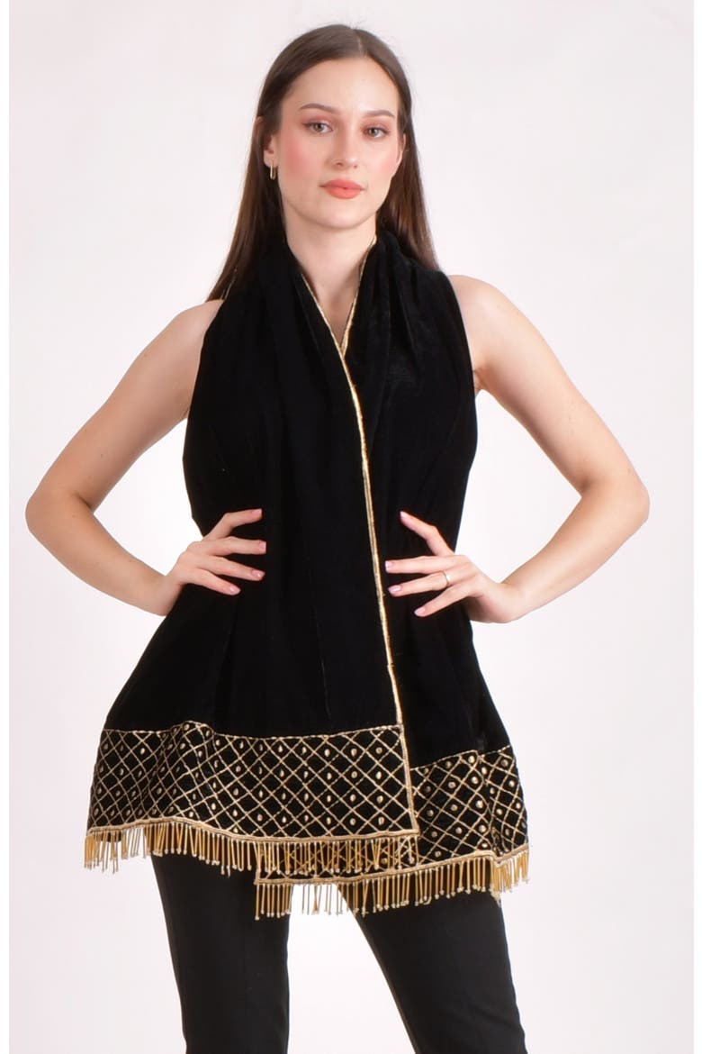Hand Embroidered Velvet Scarf, Main, color, Black