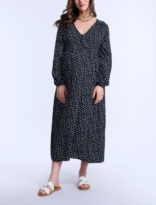 Motherhood Maternity Long Sleeve Button Front Maternity Midi Dress In Black Ditsy