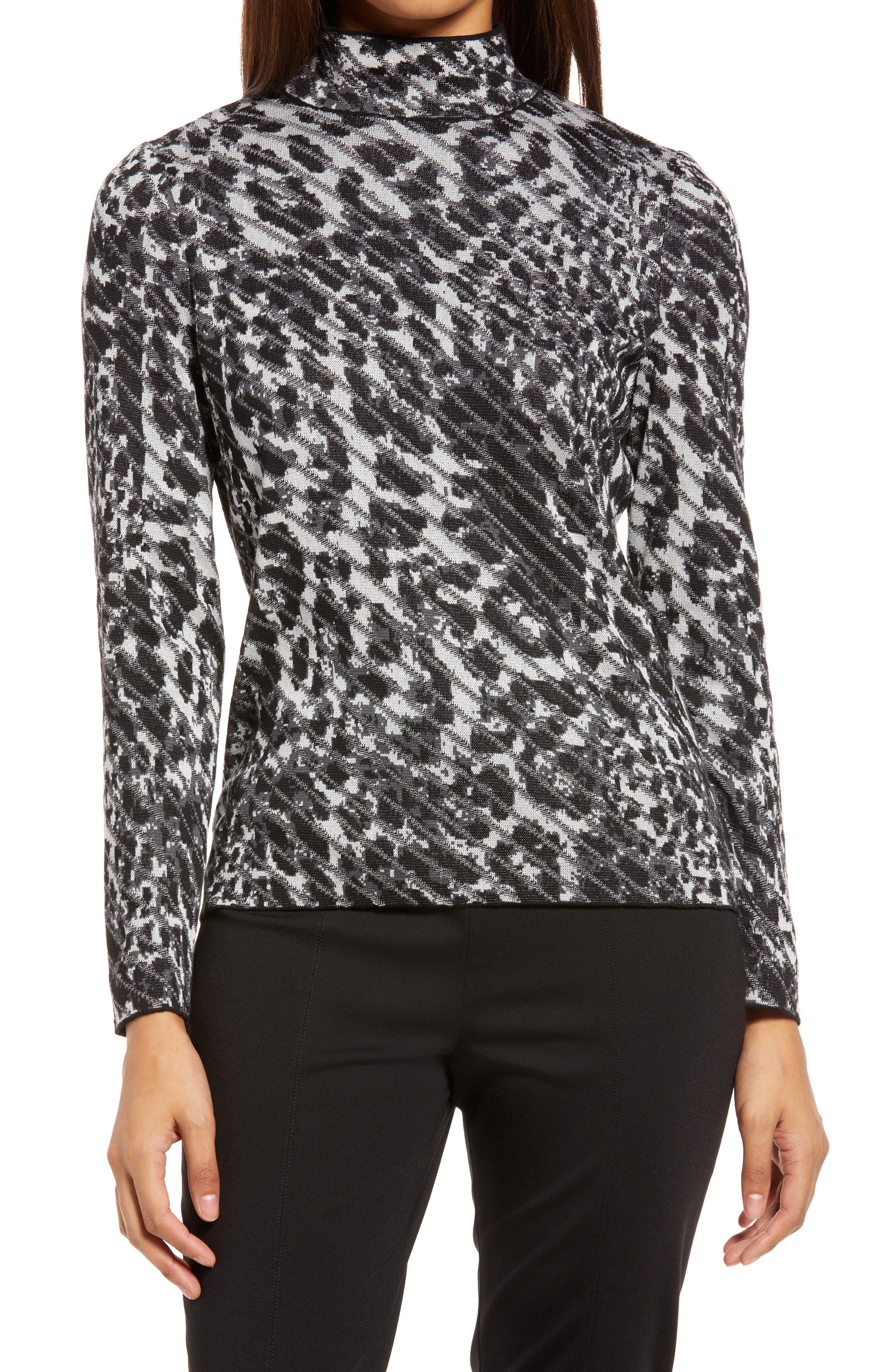 Ming Wang Leopard Pattern Mock Neck Sweater (Women) | Nordstrom