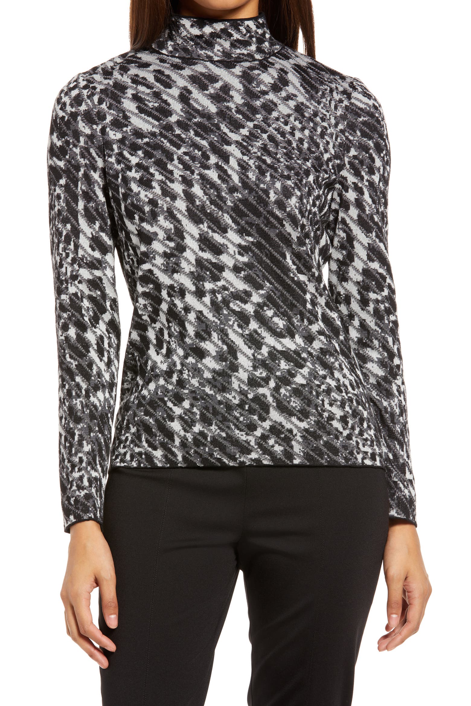 Simple Patterns Greyscale Ming Wang Leopard Pattern Mock Neck Sweater (Women) | Nordstrom