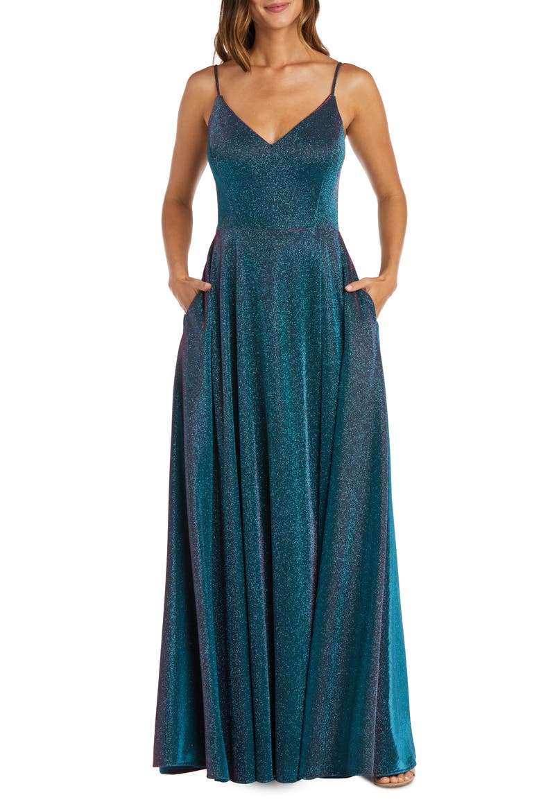 Caged Back Shimmer Gown, Alternate, color, TEAL