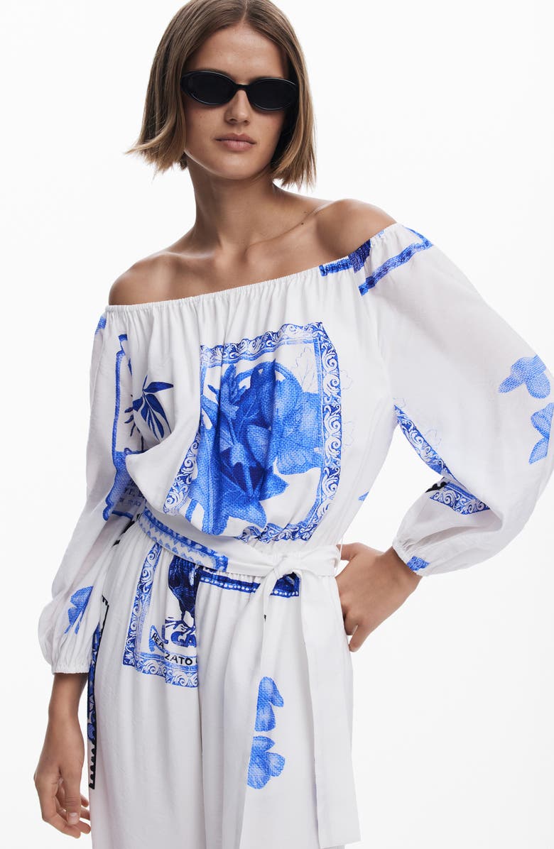 Desigual Placed Print Off the Shoulder Long Sleeve Jumpsuit, Alternate, color, 