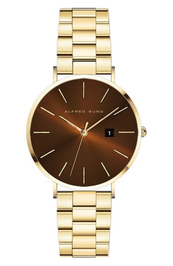 Alfred Sung Metropolitan Quartz Bracelet Watch, 42mm In Gold Bracelet Brown Dial
