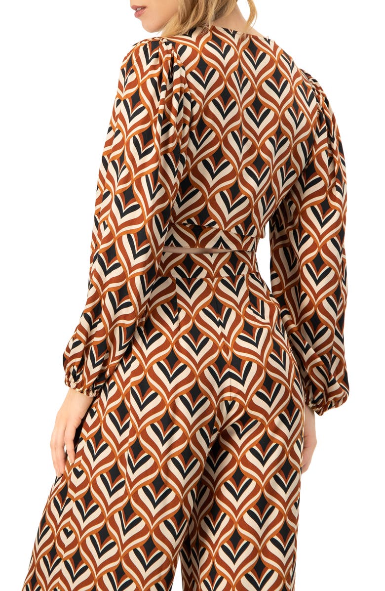IVONNE V-Neck Geometric Print Blouse with Bottom Tie, Alternate, color, Multi-Brown