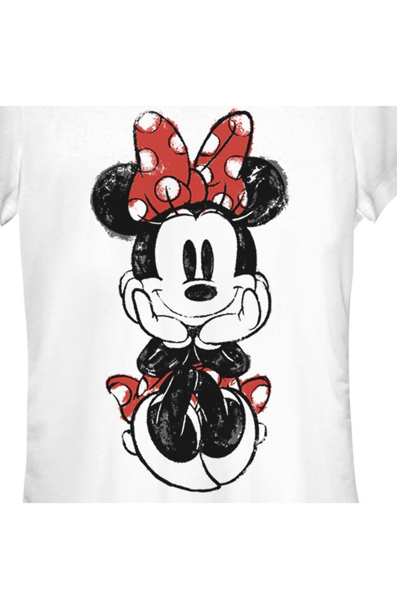 Mickey & Friends Junior's Mickey & Friends Sitting Minnie Sketch Graphic T-Shirt, Alternate, color, White