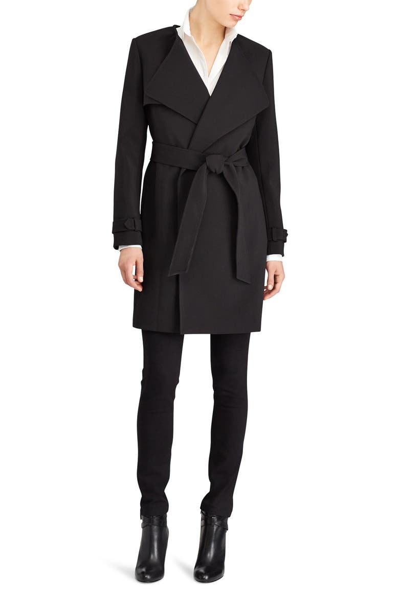 Flap Detail Crepe Wrap Coat, Alternate, color, BLACK