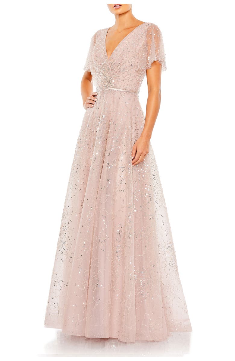 Mac Duggal Embellished Butterfly Sleeve Wrap Evening Gown, Main, color, Vintage Rose