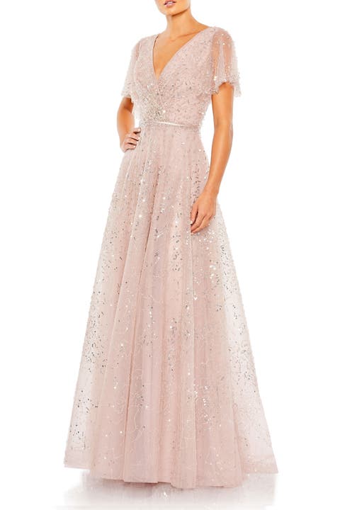 Embellished Butterfly Sleeve Wrap Evening Gown