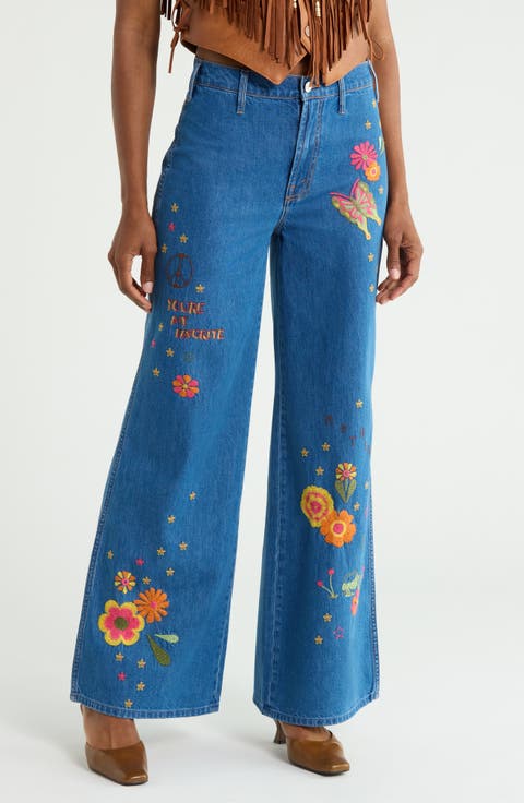 The Heyday Hustler Roller High Waist Embroidered Wide Leg Jeans